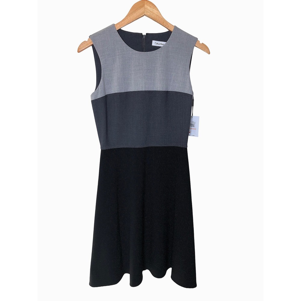 NWT Calvin Klein Colorblock Fit and‎ Flare Dress Size: 2 Gray Black Office Wear